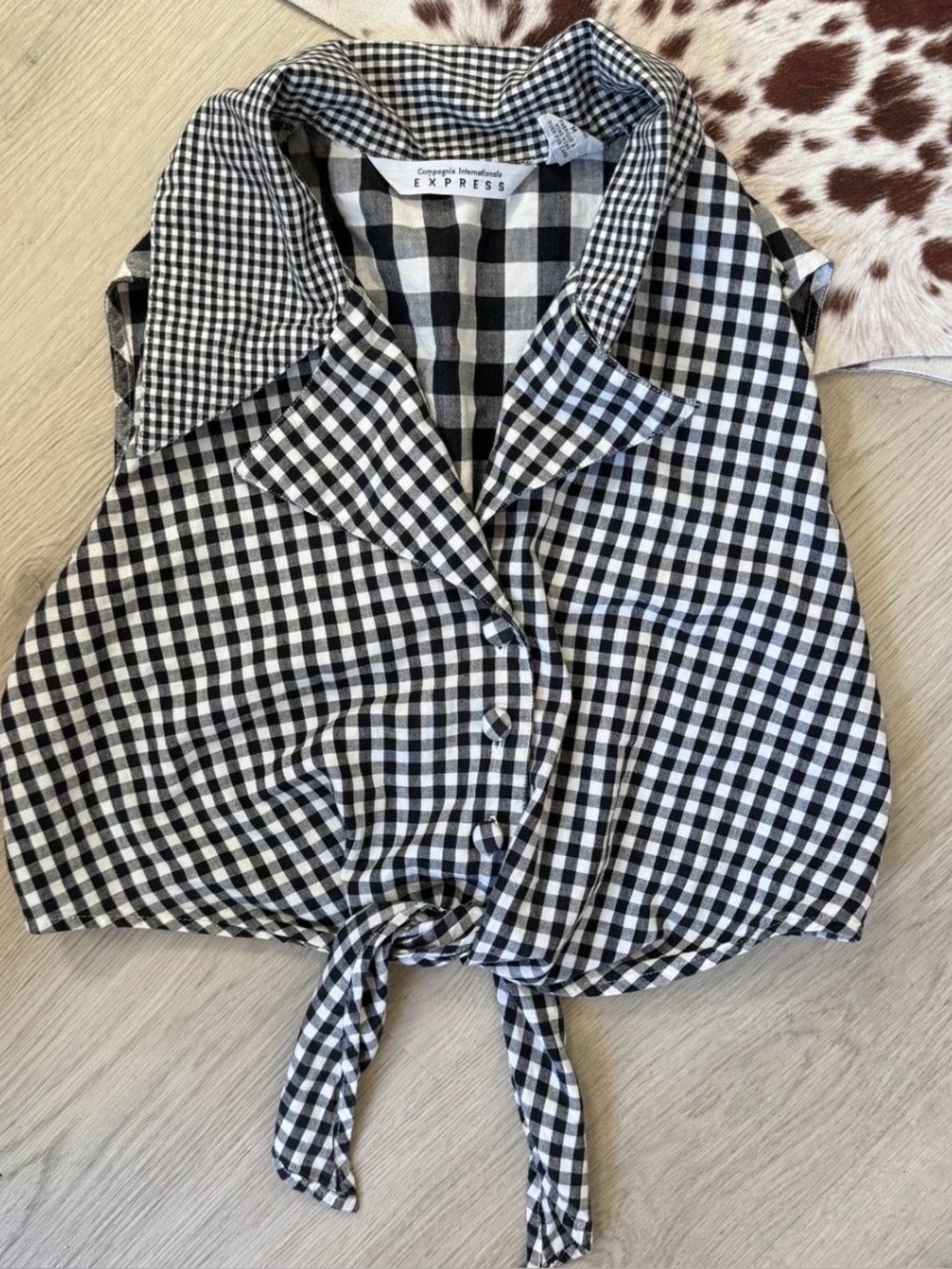Express Black and White Gingham Tie-Front Button Down Top